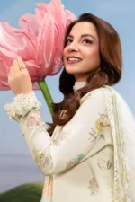 MBasics 3 Pc Unstitched Embroidered Lawn Suit-MB-26-2A Maria B off white summer lawn suit with chiffon dupatta cambric trouser UK, sleeves close look