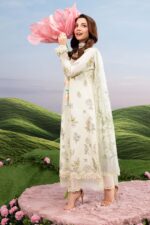 MBasics 3 Pc Unstitched Embroidered Lawn Suit-MB-26-2A Maria B off white summer lawn suit with chiffon dupatta cambric trouser UK, side look