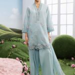 MBasics 3 Pc Unstitched Embroidered Lawn Suit-MB-26-2B Maria B sky blue summer lawn suit with chiffon dupatta cambric trouser UK, full suit look