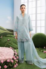 MBasics 3 Pc Unstitched Embroidered Lawn Suit-MB-26-2B Maria B sky blue summer lawn suit with chiffon dupatta cambric trouser UK, full suit look