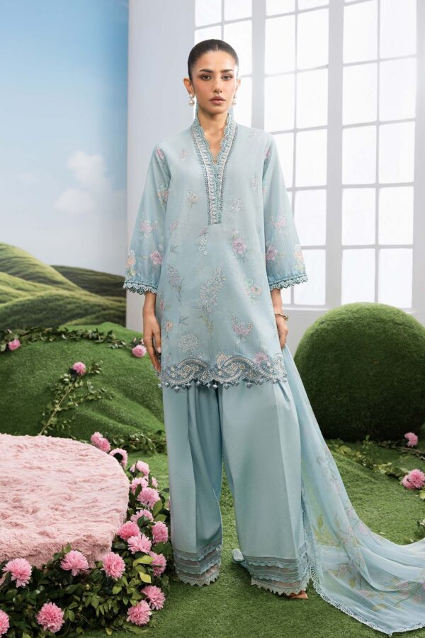 MBasics 3 Pc Unstitched Embroidered Lawn Suit-MB-26-2B Maria B sky blue summer lawn suit with chiffon dupatta cambric trouser UK, full suit look