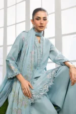 MBasics 3 Pc Unstitched Embroidered Lawn Suit-MB-26-2B Maria B sky blue summer lawn suit with chiffon dupatta cambric trouser UK, front close look