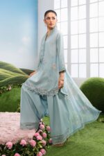 MBasics 3 Pc Unstitched Embroidered Lawn Suit-MB-26-2B Maria B sky blue summer lawn suit with chiffon dupatta cambric trouser UK, side look