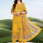 MBasics 3 Pc Unstitched Embroidered Lawn Suit-MB-26-3A Maria B mustard summer lawn suit with chiffon dupatta printed cambric trouser UK, full suit look