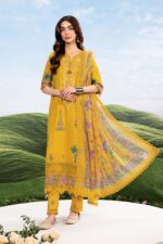 MBasics 3 Pc Unstitched Embroidered Lawn Suit-MB-26-3A Maria B mustard summer lawn suit with chiffon dupatta printed cambric trouser UK, full suit look