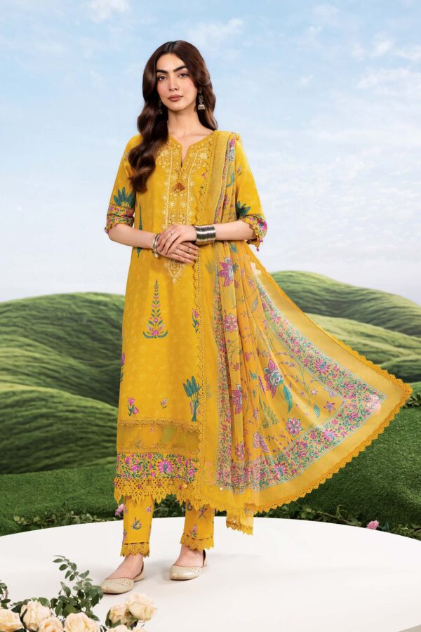 MBasics 3 Pc Unstitched Embroidered Lawn Suit-MB-26-3A Maria B mustard summer lawn suit with chiffon dupatta printed cambric trouser UK, full suit look