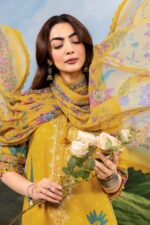 MBasics 3 Pc Unstitched Embroidered Lawn Suit-MB-26-3A Maria B mustard summer lawn suit with chiffon dupatta printed cambric trouser UK, shirt and dupatta clseup