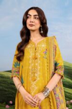 MBasics 3 Pc Unstitched Embroidered Lawn Suit-MB-26-3A Maria B mustard summer lawn suit with chiffon dupatta printed cambric trouser UK, shirt front closeup