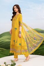 MBasics 3 Pc Unstitched Embroidered Lawn Suit-MB-26-3A Maria B mustard summer lawn suit with chiffon dupatta printed cambric trouser UK, side look