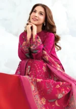 MBasics 3 Pc Unstitched Embroidered Lawn Suit-MB-26-3B Maria B pink summer lawn suit with chiffon dupatta printed cambric trouser UK, front close look