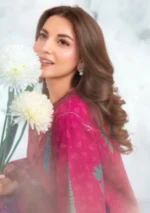 MBasics 3 Pc Unstitched Embroidered Lawn Suit-MB-26-3B Maria B pink summer lawn suit with chiffon dupatta printed cambric trouser UK, side look