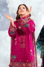 MBasics 3 Pc Unstitched Embroidered Lawn Suit-MB-26-3B Maria B pink summer lawn suit with chiffon dupatta printed cambric trouser UK, front shirt closeup