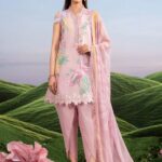 MBasics 3 Pc Unstitched Embroidered Lawn Suit-MB-26-4A Maria B light pink summer lawn suit with chiffon dupatta cambric trouser UK, full suit