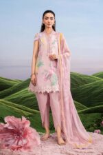 MBasics 3 Pc Unstitched Embroidered Lawn Suit-MB-26-4A Maria B light pink summer lawn suit with chiffon dupatta cambric trouser UK, full suit
