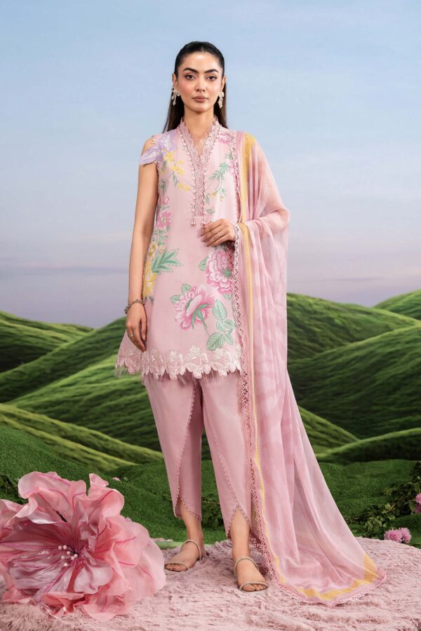 MBasics 3 Pc Unstitched Embroidered Lawn Suit-MB-26-4A Maria B light pink summer lawn suit with chiffon dupatta cambric trouser UK, full suit