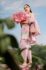 MBasics 3 Pc Unstitched Embroidered Lawn Suit-MB-26-4A Maria B light pink summer lawn suit with chiffon dupatta cambric trouser UK, side look