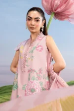 MBasics 3 Pc Unstitched Embroidered Lawn Suit-MB-26-4A Maria B light pink summer lawn suit with chiffon dupatta cambric trouser UK, shirt front