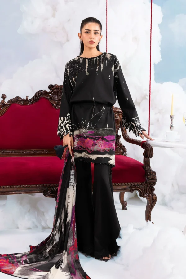 MBasics 3 Pc Unstitched Embroidered Lawn Suit-MB-26-6A Maria B M/Basics Eid II Spring Summer 2026 black off-white lawn suit UK Zee Collections, front look