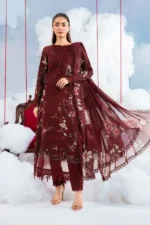 MBasics 3 Pc Unstitched Embroidered Lawn Suit-MB-26-7A Maria B M/Basics Eid II Spring Summer 2026 maroon lawn suit UK Zee Collections, full front look