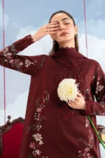 MBasics 3 Pc Unstitched Embroidered Lawn Suit-MB-26-7A Maria B M/Basics Eid II Spring Summer 2026 maroon lawn suit UK Zee Collections, front dupatta close look
