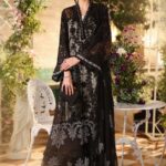 Maria B 3 Piece Unstitched Luxury Chiffon Suit | D1-Black UK embroidered dress for women, full front look