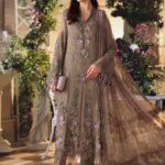 Maria B 3 Piece Unstitched Luxury Chiffon Suit | D2-Brown embroidered chiffon dress for UK women, Fulll front look
