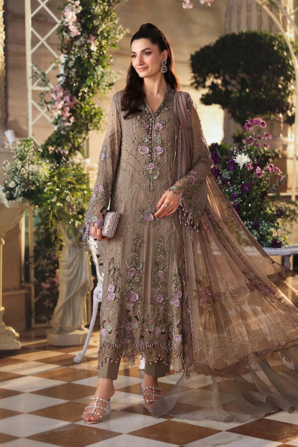 Maria B 3 Piece Unstitched Luxury Chiffon Suit | D2-Brown embroidered chiffon dress for UK women, Fulll front look
