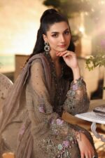 Maria B 3 Piece Unstitched Luxury Chiffon Suit | D2-Brown embroidered chiffon dress UK, sleeves look
