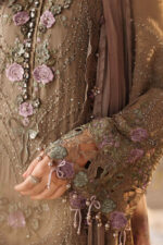 Maria B 3 Piece Unstitched Luxury Chiffon Suit | D2-Brown embroidered chiffon dress UK, sleeves closeup