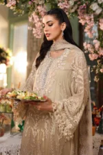 Maria B 3 Piece Unstitched Luxury Chiffon Suit-D3-Olive Gold embroidered dress UK, shirt side look