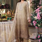 Maria B 3 Piece Unstitched Luxury Chiffon Suit-D3-Olive Gold embroidered dress UK, full front