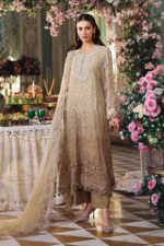 Maria B 3 Piece Unstitched Luxury Chiffon Suit-D3-Olive Gold embroidered dress UK, full front