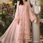 Maria B 3 Piece Unstitched Luxury Chiffon Suit-D4-Peach Pink embroidered dress UK, full front closeup