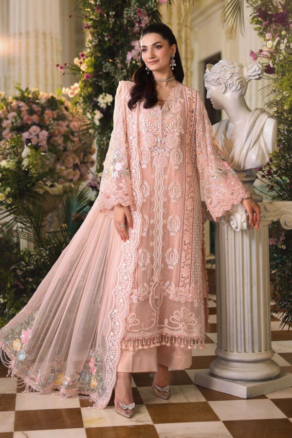 Maria B 3 Piece Unstitched Luxury Chiffon Suit-D4-Peach Pink embroidered dress UK, full front closeup