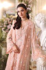 Maria B 3 Piece Unstitched Luxury Chiffon Suit-D4-Peach Pink embroidered dress UK, front shirt look