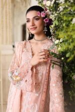 Maria B 3 Piece Unstitched Luxury Chiffon Suit-D4-Peach Pink embroidered dress UK, front dupatta and sleevesa closeup