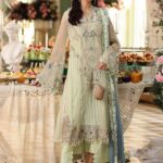 Maria B 3 Piece Unstitched Luxury Chiffon Suit-D5-Pistachio Green embroidered dress UK, full front look