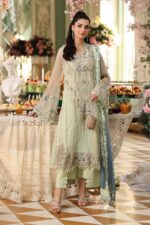 Maria B 3 Piece Unstitched Luxury Chiffon Suit-D5-Pistachio Green embroidered dress UK, full front look