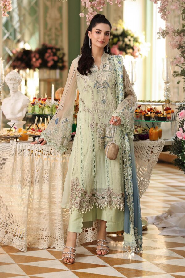 Maria B 3 Piece Unstitched Luxury Chiffon Suit-D5-Pistachio Green embroidered dress UK, full front look