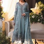 Maria B 3 Piece Unstitched Luxury Chiffon Suit-D6-Slate Blue embroidered dress UK, full front