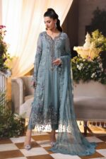 Maria B 3 Piece Unstitched Luxury Chiffon Suit-D6-Slate Blue embroidered dress UK, full front