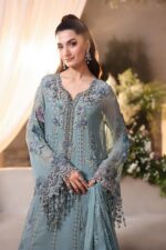 Maria B 3 Piece Unstitched Luxury Chiffon Suit-D6-Slate Blue embroidered dress UK, front shirt and sleeves look