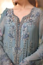 Maria B 3 Piece Unstitched Luxury Chiffon Suit-D6-Slate Blue embroidered dress UK, front shiert embroidery close up