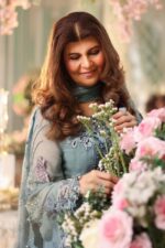 Maria B 3 Piece Unstitched Luxury Chiffon Suit-D6-Slate Blue embroidered dress UK, side closeup