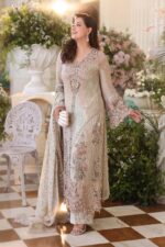 Maria B 3 Piece Unstitched Luxury Chiffon Suit-D7-Ivory Beige embroidered dress UK, full front look