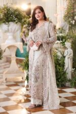 Maria B 3 Piece Unstitched Luxury Chiffon Suit-D7-Ivory Beige embroidered dress UK