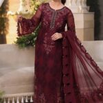 Maria B 3 Piece Unstitched Luxury Chiffon Suit-D8-Burgundy embroidered dress UK, full look of suit