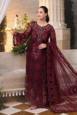 Maria B 3 Piece Unstitched Luxury Chiffon Suit-D8-Burgundy embroidered dress UK, full look of suit