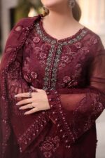 Maria B 3 Piece Unstitched Luxury Chiffon Suit-D8-Burgundy embroidered dress UK, shirt embroidery closeup