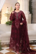 Maria B 3 Piece Unstitched Luxury Chiffon Suit-D8-Burgundy embroidered dress UK, front look